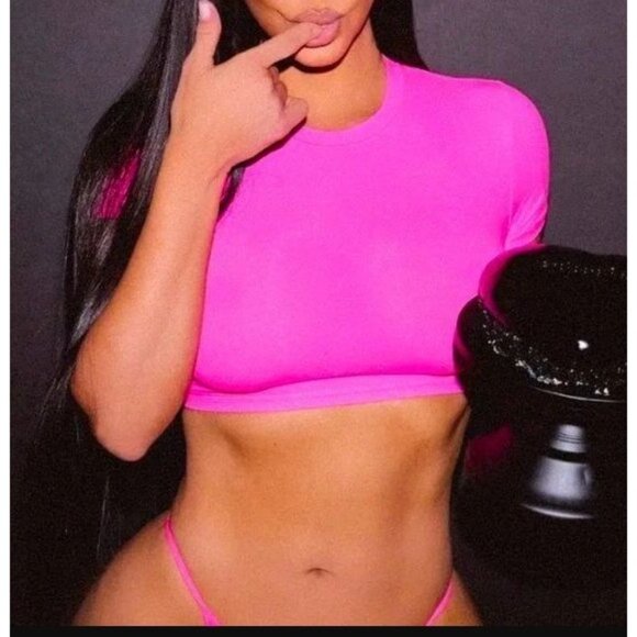 Skims Womens Plus 3X Neon Pink Fits Everybody Crop Top Short Sleeve Stretch - Picture 2 of 9